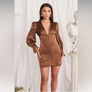 Lavish Alice nevaeh satin balloon sleeve corset mini dress in chocolate brown